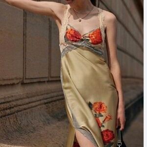 Free People Ochre and Orange Floral Just Dreamy Maxi Slip Dress Size Small